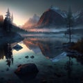 Beautiful natural landscape mountain lake, early morning, dawn, forest, Royalty Free Stock Photo