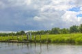 Beautiful natural landscape panorama jetty boat Oste river water Germany