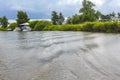 Beautiful natural landscape panorama jetty boat Oste river water Germany