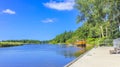 Beautiful natural landscape panorama jetty boat Oste river water Germany