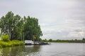 Beautiful natural landscape panorama jetty boat Oste river water Germany