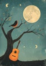 A bird perches on a branch near a guitar under the moon Royalty Free Stock Photo