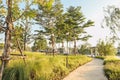 Beautiful natural outdoor landscape image of curved path in peaceful public garden with trees,lake,gazebo,shrubs and grass on Royalty Free Stock Photo