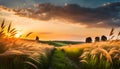 Beautiful natural panoramic rural landscape. Blooming wild tall grass in nature at sunset in warm summer. Pastoral landscapes Royalty Free Stock Photo
