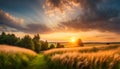 Beautiful natural panoramic rural landscape. Blooming wild tall grass in nature at sunset in warm summer. Pastoral landscapes Royalty Free Stock Photo