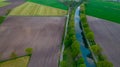 Beautiful natural Patterns of Farmfields in Countryside at Summer. Drone Aerial View, birds eye view