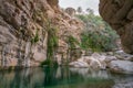 Beautiful natural pool in the gorge of Wadi Tiwi, Oman. Green water with sandstone cliffs and palm trees around it. Royalty Free Stock Photo