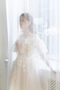 Beautiful natural redhead girl bride, with nude makeup, wearing a white dress, stands at the window behind a transparent curtain Royalty Free Stock Photo