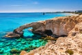 Beautiful natural rock arch near of Ayia Napa, Cavo Greco and Protaras on Cyprus island, Mediterranean Sea. Legendary bridge Royalty Free Stock Photo