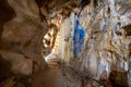 Beautiful natural rock formations - stalactite, stalagmite and stalactone in the Bacho Kiro Cave in Bulgaria Royalty Free Stock Photo