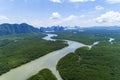 Beautiful natural scenery of landscape view in Asia tropical mangrove forest with small island in background, aerial view drone Royalty Free Stock Photo