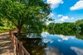 River and summer  scenery. Panoramic view of valley of river. Peaceful summer landscape with green hills, beautiful woods Royalty Free Stock Photo