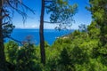 Beautiful natural scenery on the road to Megali Ammos or large sand beach in western Alonissos island, Greece