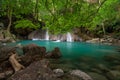 Beautiful natural scenic of Erawan waterfall tier four with emerald green pond named Oak Pee Sua