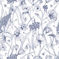 Beautiful natural seamless pattern with spring flowers hand drawn with contour lines on white background. Elegant