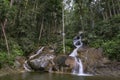 Amazing cascading tropical waterfall. wet and mossy rock, surrounded by green rain forest Royalty Free Stock Photo