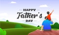 Beautiful nature background with back view of son sitting on his father shoulders for Happy Father`s Day.