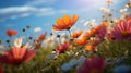 Beautiful nature background. Blooming field with poppies and wildflowers. Summer meadow with green grass at sunrise