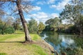 Beautiful nature environment at the riverbank of Werribee River. View of a suburban local park with Australian nature landscape