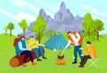 Beautiful nature, interesting adventure, tourist camp, travel in forest near mountains, design cartoon style vector