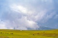 Beautiful nature of Kazakhstan on the Assy plateau. White yurt with grazing animals nearby under the rain clouds.