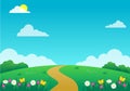 Beautiful nature landscape cartoon illustration with flowers, green grass and blue sky