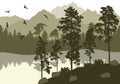 Beautiful nature, landscape. Forest and lake with flying birds on background of mountains. Silhouettes of pines and fir trees. Royalty Free Stock Photo