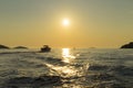 Beautiful nature and landscape photo of boat in sunset at Adriatic Sea in Croatia Royalty Free Stock Photo