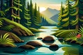 Beautiful nature landscape with a river and mountains. Vector illustration, generative ai Royalty Free Stock Photo