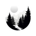 Beautiful nature landscape with silhouettes of forest coniferous trees, mountains and sun, natural scene icon in Royalty Free Stock Photo