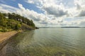 Beautiful nature landscape view. Gorgeous Baltic sea water surface, green forest trees. Royalty Free Stock Photo