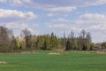 Beautiful nature landscape view. Green fields framed with forest trees on blue sky background. Royalty Free Stock Photo