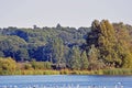 A landscape view of a lake in the Kent countryside with trees and sky in the background . Royalty Free Stock Photo