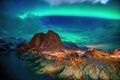 Beautiful nature lanscape of Lofoten in Norway with northern lights Royalty Free Stock Photo