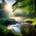 Beautiful Nature in the Misty Spring Green Forest with Sun Rays Royalty Free Stock Photo