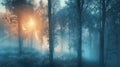 Beautiful nature at morning in the misty spring forest with sun Royalty Free Stock Photo