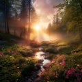 Beautiful nature in the morning in the misty spring forest with sun Royalty Free Stock Photo