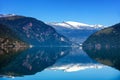 Beautiful Nature Norway natural landscape with fjord, boat and mountain.