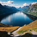 Beautiful Nature Norway natural landscape. lovatnet lake Lodal valley. made with Generative AI