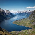 Beautiful Nature Norway natural landscape. lovatnet lake Lodal valley. made with Generative AI