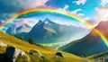 beautiful nature rainbow over river between mountains