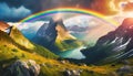 beautiful nature rainbow over river between mountains