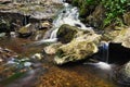 Beautiful nature with a river of rocks and forest. Outdoor colorful background with water. Royalty Free Stock Photo