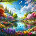 Vivid, Colorful Fantasy Pond Scenery with Flowers, Trees, Birds, and Ducks