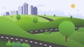 Beautiful nature scene with road , green hills , and town background vector illustration.Nature way to city wih sky