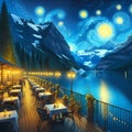 A beautiful nature scene from a terrace cafe, with blue mountain, starry night with moonlit, tree, lake, Van Gogh style