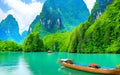 Beautiful nature scenic landscape view rock mountain Khao Sok national park with boat for travelers Generated by Ai