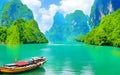 Beautiful nature scenic landscape view rock mountain Khao Sok national park with boat for travelers Generated by Ai