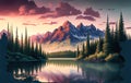 beautiful nature summer sunset over mountains and lake in the forest. Generative AI Royalty Free Stock Photo