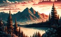 beautiful nature summer sunset over mountains and lake in the forest. Generative AI Royalty Free Stock Photo